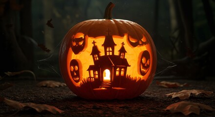Glowing jack-o'-lantern with spooky house and face designs in a dark forest