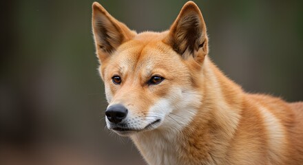 Close-up portrait of a dingo with a blurred green background.