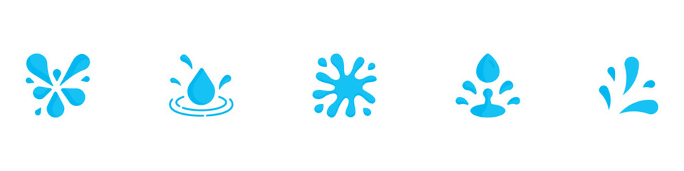 Cartoon water splash effects depict fluid dynamic splashing, droplets and ripples in motion. Isolated vector set of liquid splatters, aqua or water splashes and swirls for animation. EPS 10
