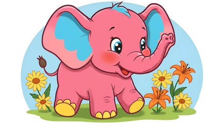 Cartoon pink elephant waving in a field of colorful flowers against a blue background