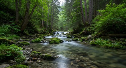 Obraz premium Serene forest stream flowing through a rocky channel with lush greenery and tall trees in the background.