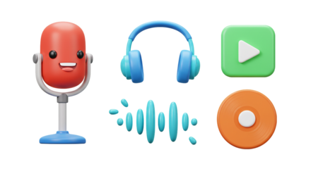  Cute 3D Multimedia & Audio Icons: Microphone, Headphones, Sound Wave, Play, and Record Buttons