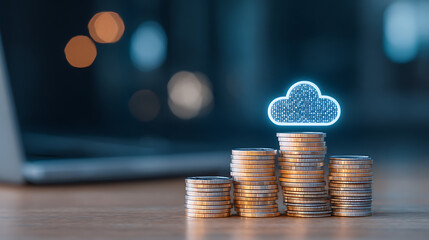 cloud computing cost efficiency savings stacked coins with glowing cloud symbol automation performance management resource optimization budget financial technology digital transformation data