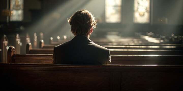 Back view of Man sitting alone in empty church and praying, sunlight