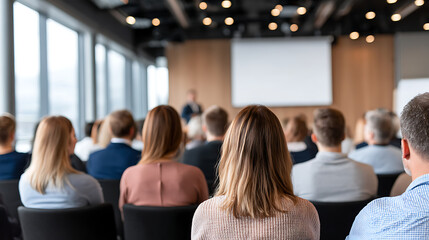 people attend conference presentation in modern bright room focus on audience backs seated listening speaker on stage with screen business seminar corporate meeting lecture training education