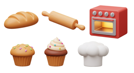 3D Bakery & Baking Icons: Bread, Rolling Pin, Red Oven, Cupcakes, and Chef Hat