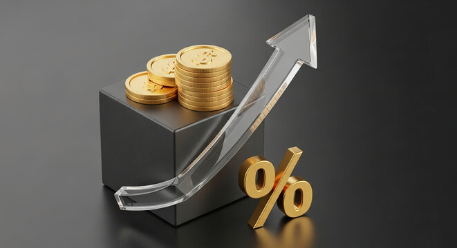 Gold coins stacked on a dark cube with a glass arrow pointing upward, beside a gold percentage symbol, showcasing financial growth and interest rate increase