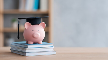 graduation cap on books with piggy bank education financial concept money saving for future university fees college tuition academic success goal financial planning for student debt