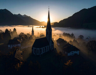 Misty November morning over small European village, church tower silhouette above fog, muted tones, cinematic aerial feel,