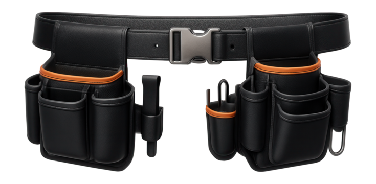 Tool belt with multiple pouches and loops for carrying essential tools on a building site.