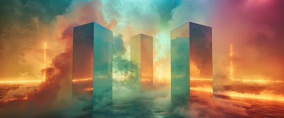 Naklejka premium Dancing smoke columns in turquoise magenta and amber form liquid architecture a backlit long exposure scene with realistic elements awaiting people.