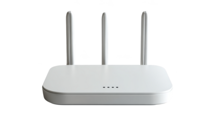 White wireless router with three antennas, emitting wifi