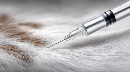 Close-up of a syringe preparing for an injection on a soft animal fur