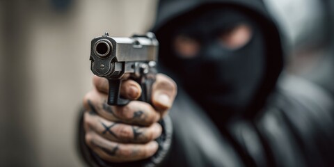 Close up shot of a gun wielding murderer on a dark backdrop