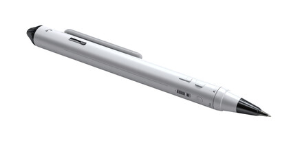 Sleek white digital pen with black tip, buttons, and clip. For digital art and writing