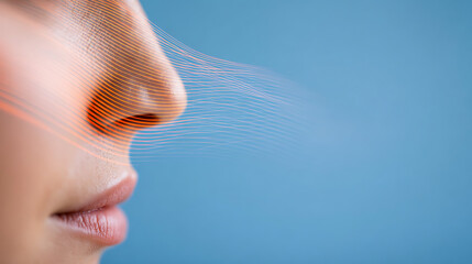 macro side view of human nose with abstract wave patterns orange glow skin smell inhalation illustration of detecting scents through olfactory system concept of fragrance aroma perfume