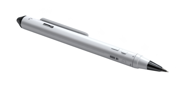 Sleek white digital pen with black tip, buttons, and clip. For digital art and writing