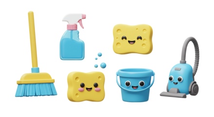Cute 3D Cleaning Icons: Broom, Spray Bottle, Sponge, Bucket, and Vacuum Cleaner