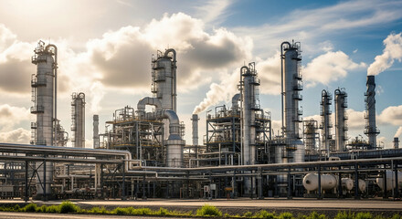 Obraz premium Industrial refinery complex under a cloudy sky, showcasing tall metal structures, pipelines, and tanks, representing industrial production and energy, suitable for industry or manufacturing concepts