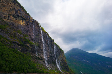 Waterfall falling from a mountain in a fjord in Jotunheimen National Park in Norway, August 6, 2025