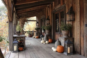 Naklejka premium Rustic porch decorations lanterns fall.