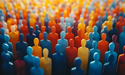 Abstract representation of a diverse crowd, depicted as colorful shapes of people. The image emphasizes the diversity and unity of humanity, showcasing the importance of inclusion, Generative AI