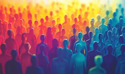 Obraz premium Abstract representation of a diverse crowd, depicted as colorful shapes of people. The image emphasizes the diversity and unity of humanity, showcasing the importance of inclusion, Generative AI