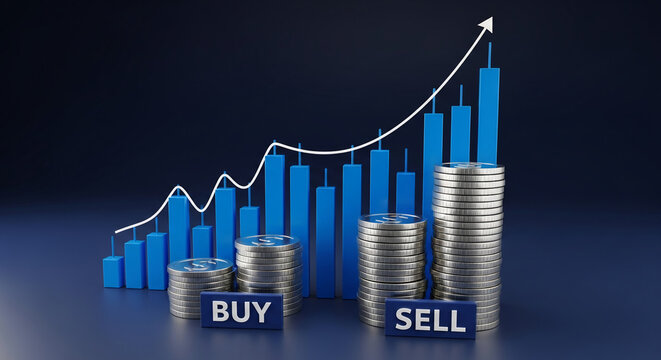 3D rendering of upward trending bar graph with coin stacks, illustrating financial growth Buy/Sell concept Free space for text