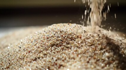 A detailed macro photograph captures a single droplet of liquid suspended in mid-air above a textured mound of fresh, unprocessed green seeds. - Powered by Adobe
