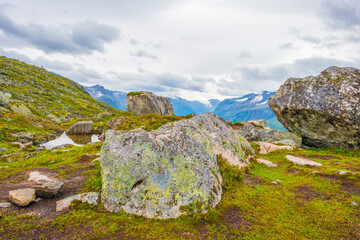 Fjord, a long, narrow sea inlet with steep sides and cliffs, created by a glacier, Norway, August 2025