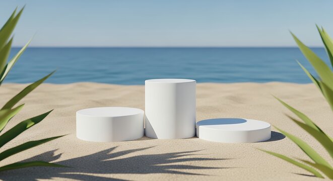 Three white cylindrical display stands situated on a sandy beach with calm blue ocean water in the background framed by green tropical leaves summer empty