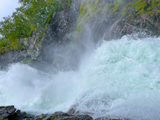 Waterfall falling from a mountain in a fjord in Jotunheimen National Park in Norway, August 6, 2025