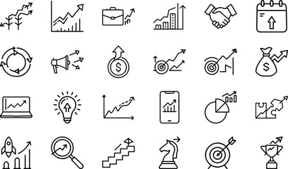 Business, Finance, and Marketing Growth Line Icons Set – SEO, Startup, Strategy, Analytics, Investment, Digital Marketing, Success, Data Analysis, Mobile Marketing, Innovation and Goal Achievement Vec