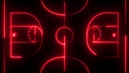 Neon, shiny glowing outline of Basketball court. Sport concept, area of basketball game, parquet with neon lights. Neon football field icon video animation on the black background. - Powered by Adobe