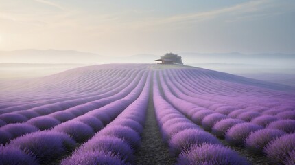 Fototapeta premium Tranquil sunrise view of a lavender field perspective, showcasing rows of purple lavender plants leading to a small house on a hill, captured with a wide-angle lens and