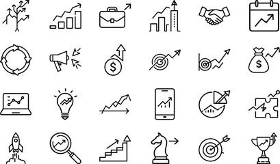 Business, Finance, and Marketing Growth Line Icons Set – SEO, Startup, Strategy, Analytics, Investment, Digital Marketing, Success, Data Analysis, Mobile Marketing, Innovation and Goal Achievement Vec
