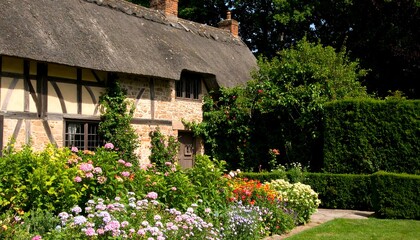 Quaint thatched cottage with vibrant garden