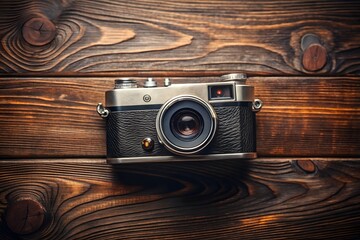 Photo of a vintage camera on a wooden background, a classic photography equipment
