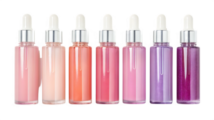 A collection of serum bottles isolated on transparent background displays a range of pink and purple hues, each bottle containing a unique skincare formulation with a dropper