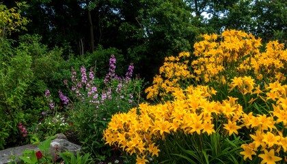 Vibrant garden with yellow lilies and purple flowers