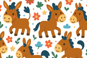 Obraz premium Adorable Donkeys and Flowers Seamless Pattern