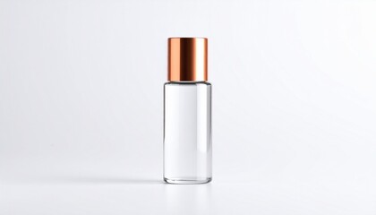 Clear Glass Bottle Transparent Product, personal care, skin care, beauty, blank high quality container with copper cap for branding, marketing isolated on white background 