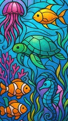 Obraz premium Vibrant underwater stained glass illustration.