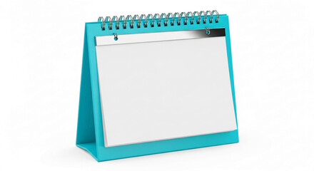 Teal desk calendar mockup with blank white page, spiral binding, and metal bar, showcasing free space for text or advertisement, ideal for scheduling or promotional designs