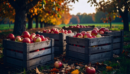 Countryside orchard in late autumn after harvest, wooden crates with mixed apples, fallen leaves, overcast soft light, rustic branding space, photorealistic