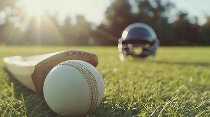 A white cricket ball resting on a wooden bat on a green grass field