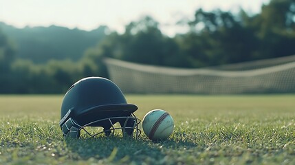 Cricket helmet and ball side by side on green field, blurred net in background