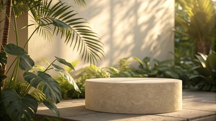 Obraz premium Beige Pedestal Background with Golden Sunlight, Natural Shadows, and Fresh Tropical Mood