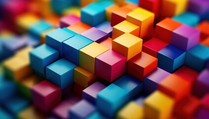 Obraz premium Colorful 3D cubes stacked in an abstract arrangement with vibrant lighting and depth, creating a visually engaging geometric pattern.