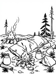 Minimilist illustration of a campsite with a sleeping bag, two campfires, and two kettles in a forest setting vector
